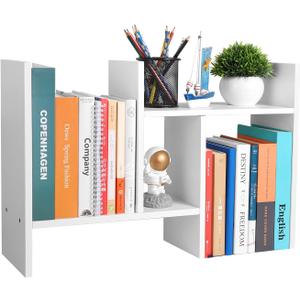 Desktop Shelf Organizer - Adjustable Wood Desktop Bookshelf, Table Top Shelves, Desk Book Organizer for Office Supplies and Home Dcor (White)