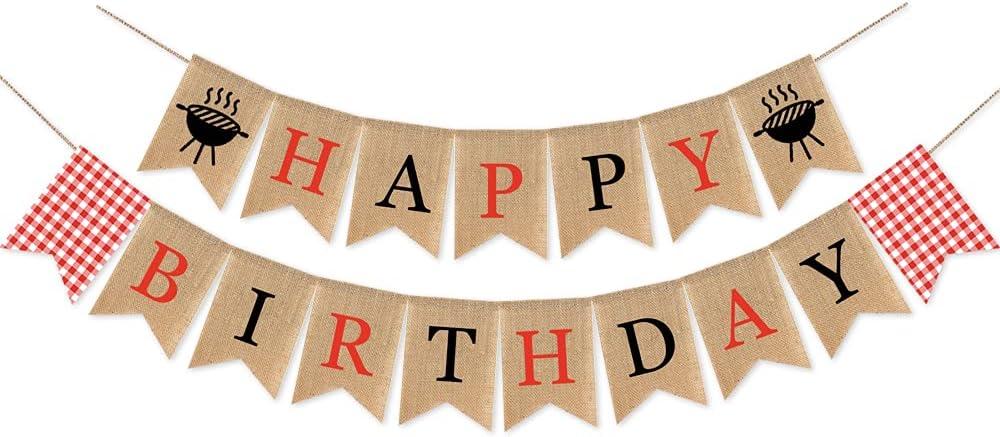 SWYOUN Burlap Happy Birthday Banner with Grill BBQ Theme Party Supplies Barbecue Party Garland Decoration