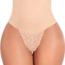 Werena Tummy Control Thong Shapewear for Women Mid High Waisted Body Shaper Underwear Lace Shaping Thong Girdle Panties (Large)