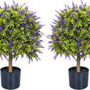 Artificial Lavender Topiary Ball Trees, 2 Set of UV Resistant Fake Evergreen Shrubs Bushes Plants, Faux Bushes for Outdoor Indoor Front Porch Garden Yard