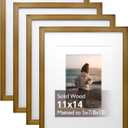 KINLINK 11x14 Picture Frame Brown, Solid Wood Frames with Acrylic Plexiglass for Pictures 5x7/8x10 with Mat or 11x14 without Mat, Tabletop and Wall Display, Set of 4