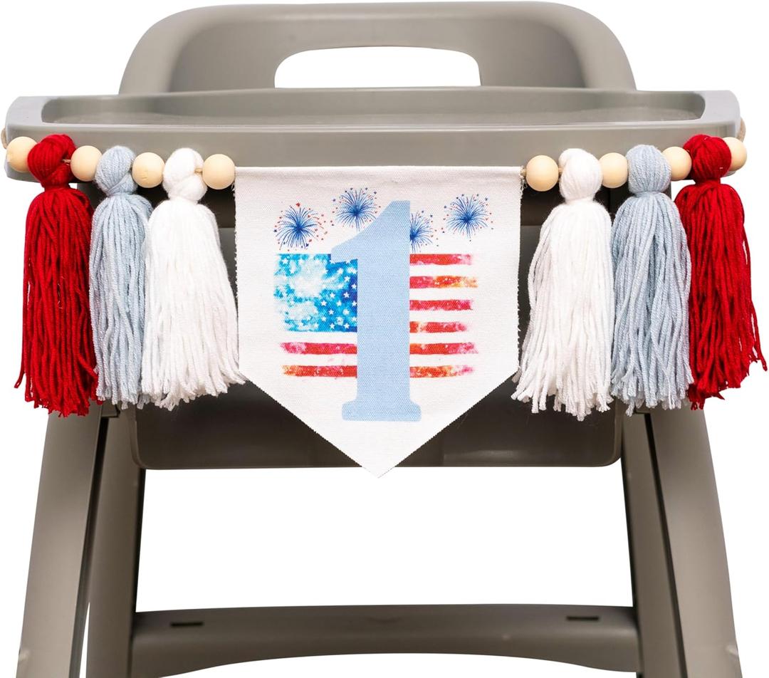 4th of July 1st Birthday High Chair Banner, Patriotic American Flag Design, Cotton Rope Tassels with Wooden Beads, Pennant Style