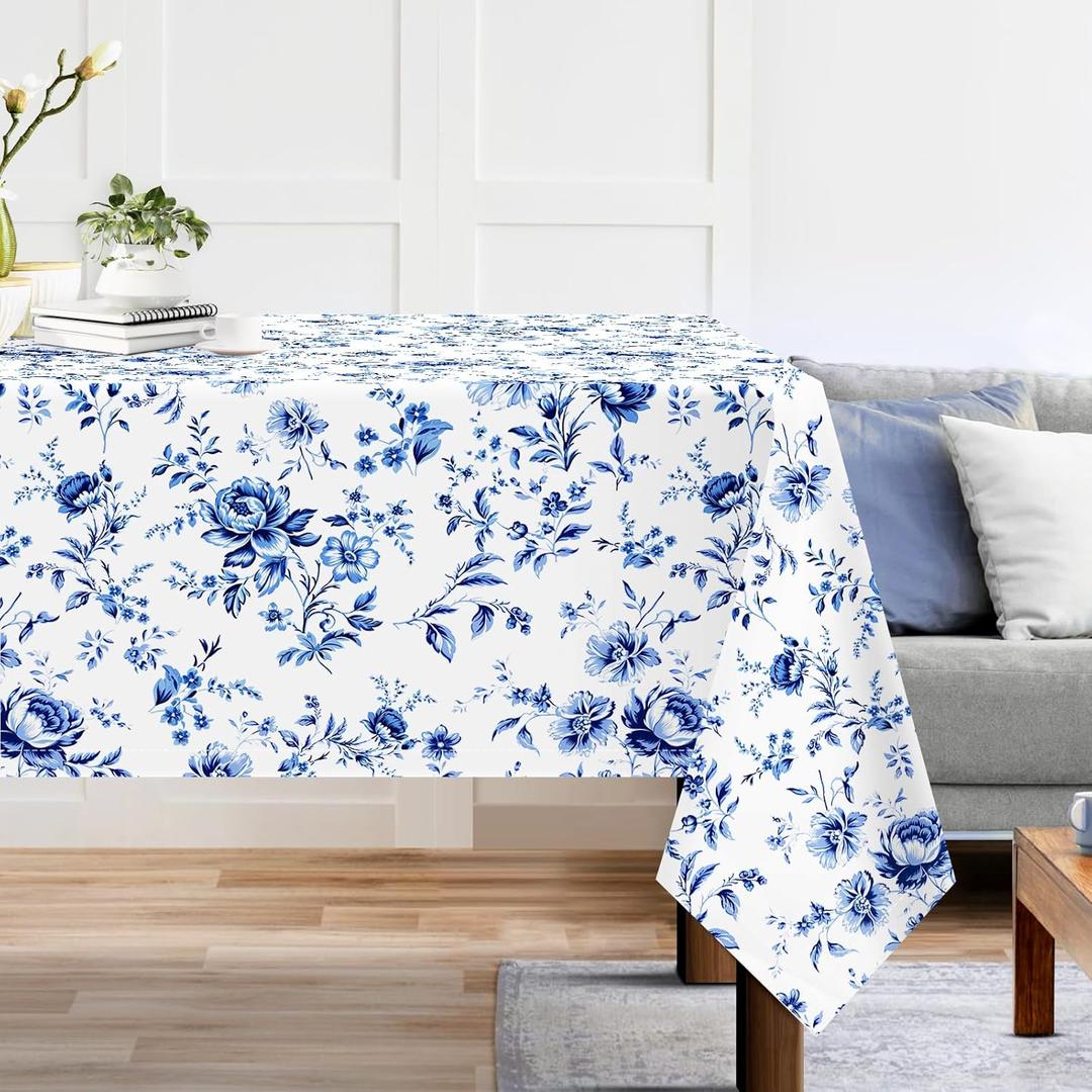 Watercolor Blue Floral Tablecloth Waterproof, Rose Flower Rectangle Table Cloth, Washable Table Cover for Kitchen Dining Party Decor (5570 Inch)