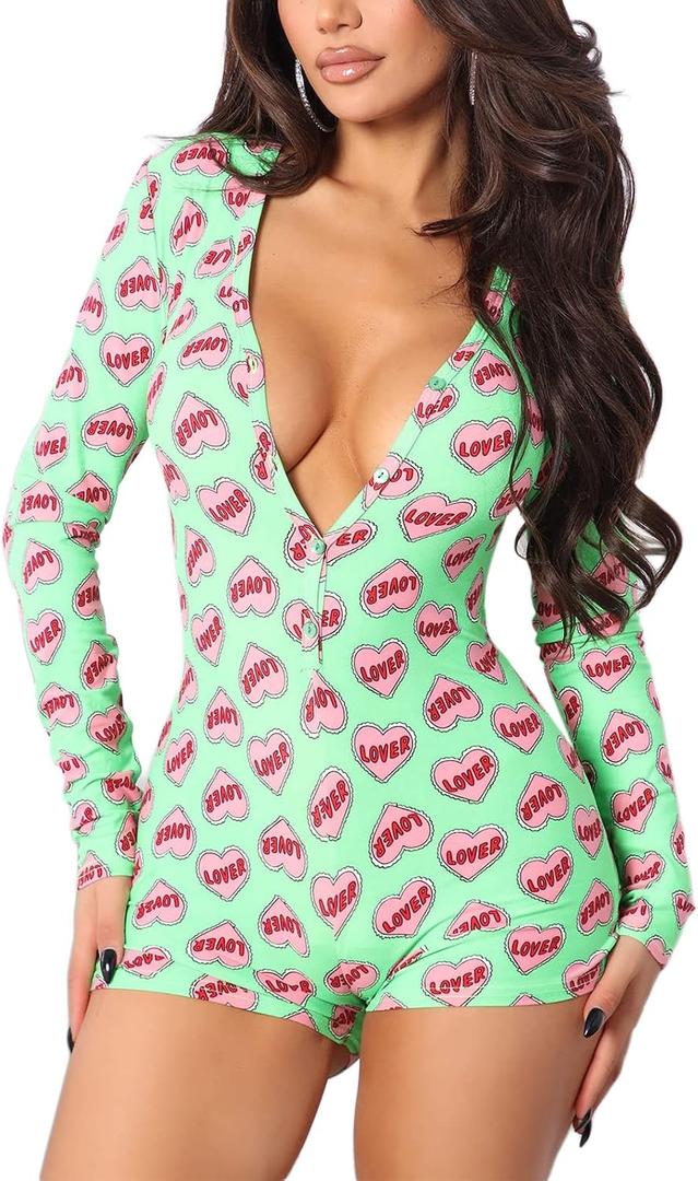 RUEWEY Women V-Neck Shorts Jumpsuit One Piece Bodysuit Pajama Long Sleeve Bodycon Rompers Overall