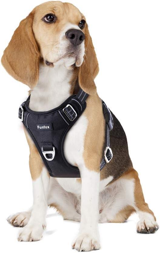 Funfox Dog Harness No Pull, Adjustable Pet Vest Harness, Super Soft Material with Vertical Handle Easy Control, Reflective Night Walking, 2 Leash Clips for Medium Sized Dogs, Black, Medium