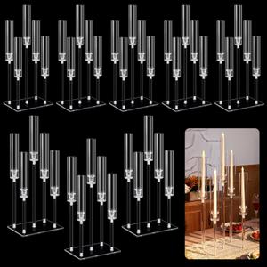 Hushee 8 Pcs Acrylic Candelabra Centerpieces 5 Arm Clear Candelabra Candle Holder Crystal Taper Candlestick with Rectangular Base Wedding Party Table Decoration Fit 0.87'' LED Candle