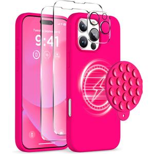Magnetic for iPhone 16 Pro Case, Compatible with Magsafe, Suction Cup Phone Mount, 2 Screen Protectors - Camera Protector, Silicone Shockproof Protective Phone Cover 6.3", Neon Pink
