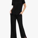 MoFiz Women's Summer 2 Piece Casual Outfits Tracksuit Sweatsuit Lounge Set Sleeveless Polo Short Sleeve T-Shirt Wide Leg Pant Size M