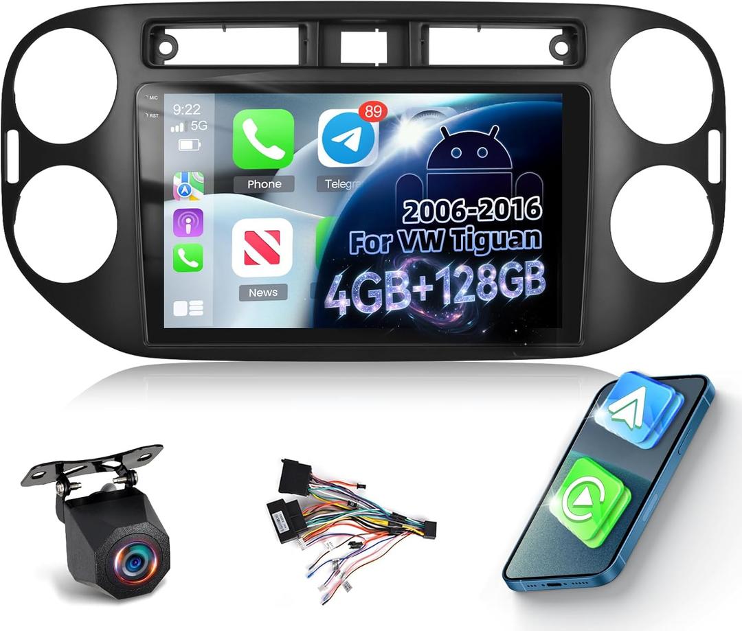 Upgraded 4GB+128GB Car Radio Stereo for VW Tiguan 2006 2007 2008 2009 2010 2011 2012 2013 2014 2015 2016 with Wireless Carplay/Android Auto, Incell Screen/EQ/5G WiFi/GPS/SWC + AHD Rear View Camera