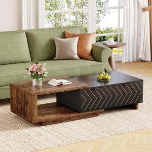 LITTLE TREE Expandable Wooden Coffee Table with 2 Drawers, Space-Saving Rectangular Farmhouse Center Table, Perfect for Living Room and Office, Brown and Black