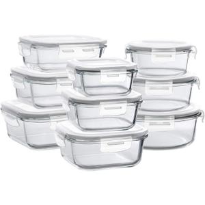 Bayco Glass Storage Containers with Lids, 9 Sets, Meal Prep Airtight Food Storage Containers for Food Storage with Lids - Leak Proof (11 Ounce-35 Ounce 9 Set, White)