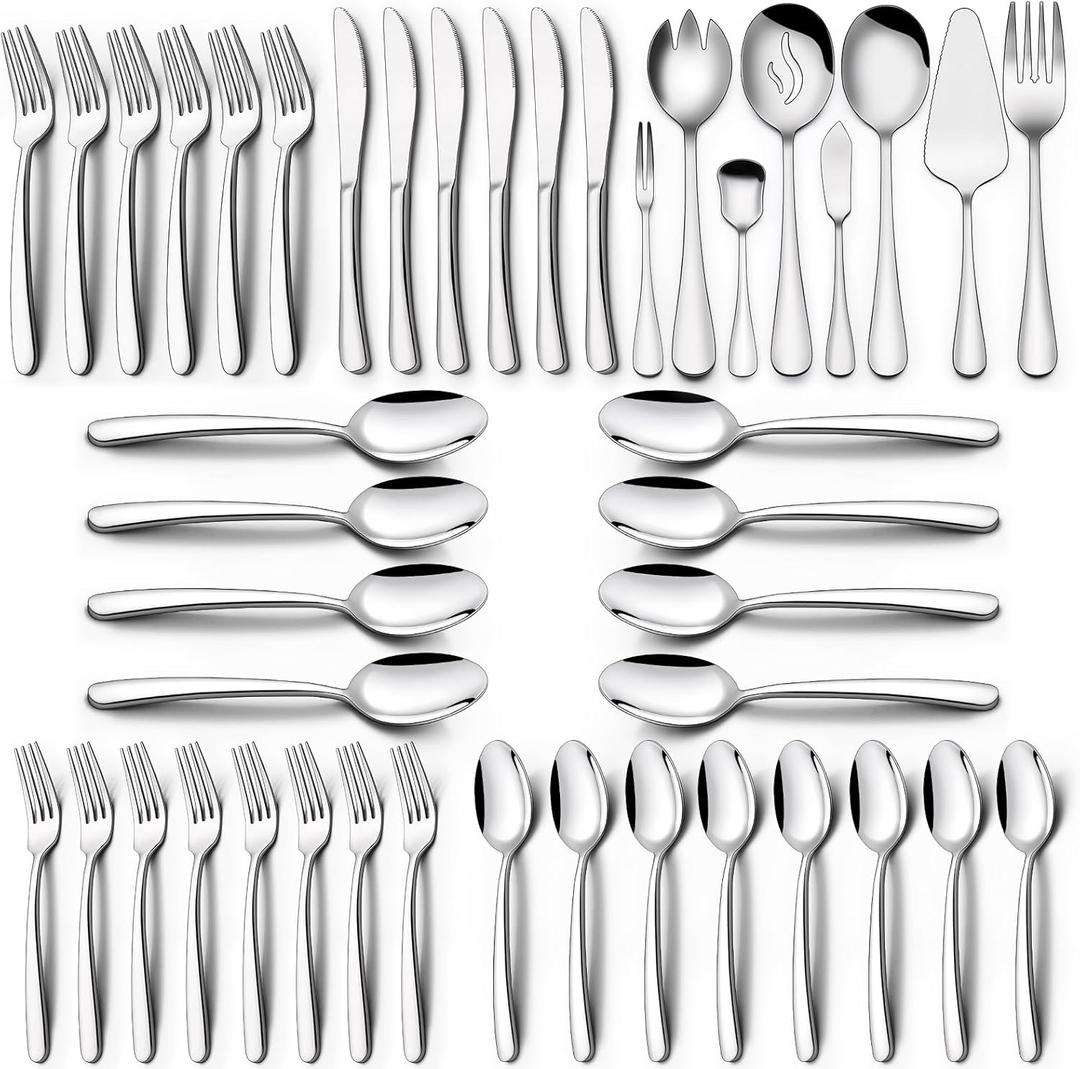 68-Piece Silverware Set with Serving Utensils, EWFEN Heavy Duty Stainless Steel Flatware Set for 12, Food-Grade Tableware Cutlery Include Knife/Fork/Spoon for Home, Mirror Finished, Dishwasher Safe
