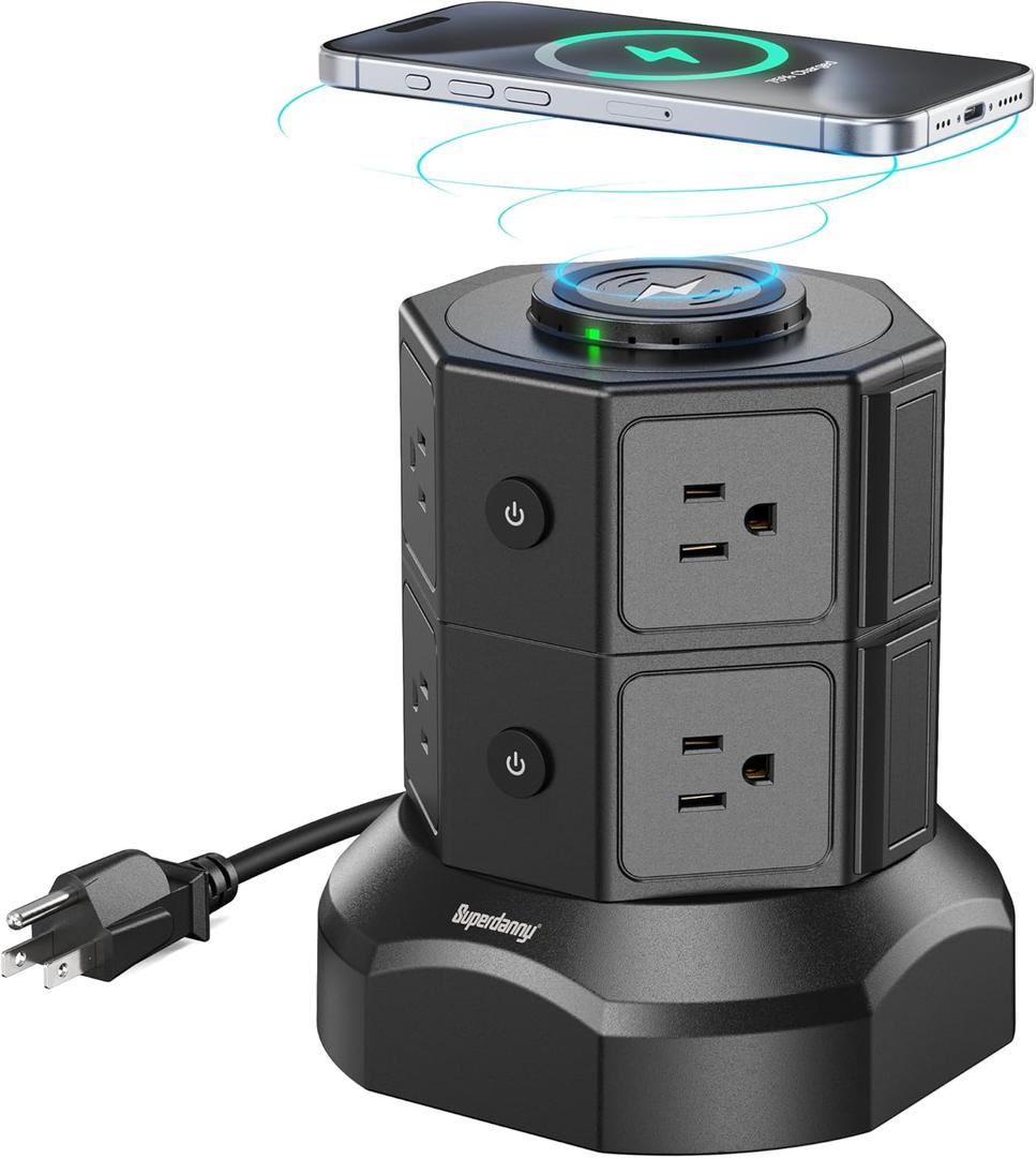 Power Strip Tower, SUPERDANNY Surge Protector Tower, 1050J 13A Charging Station with 12 AC Outlets & 6 USB Ports (2 USB C), 6.5ft Extension Cord with Multiple Outlets, Power Strips Black Power Strip Tower, SUPERDANNY Surge Protector Tower, 1050J 13A Charging Station with 12 AC Outlets & 6 USB Ports (2 USB C), 6.5ft Extension Cord with Multiple Outlets, Power Strips Black