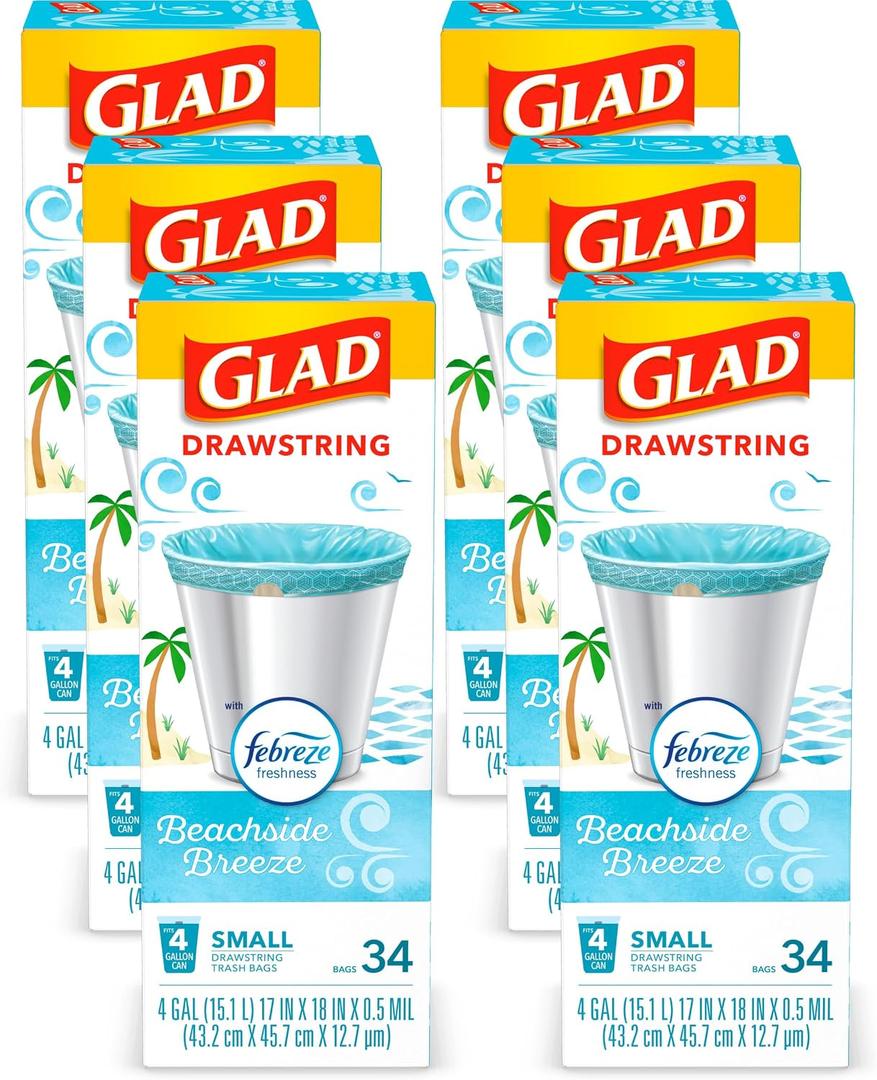 Glad OdorShield Small Drawstring Trash Bags - Febreze Beachside Breeze - 4 Gallon - 34 Count