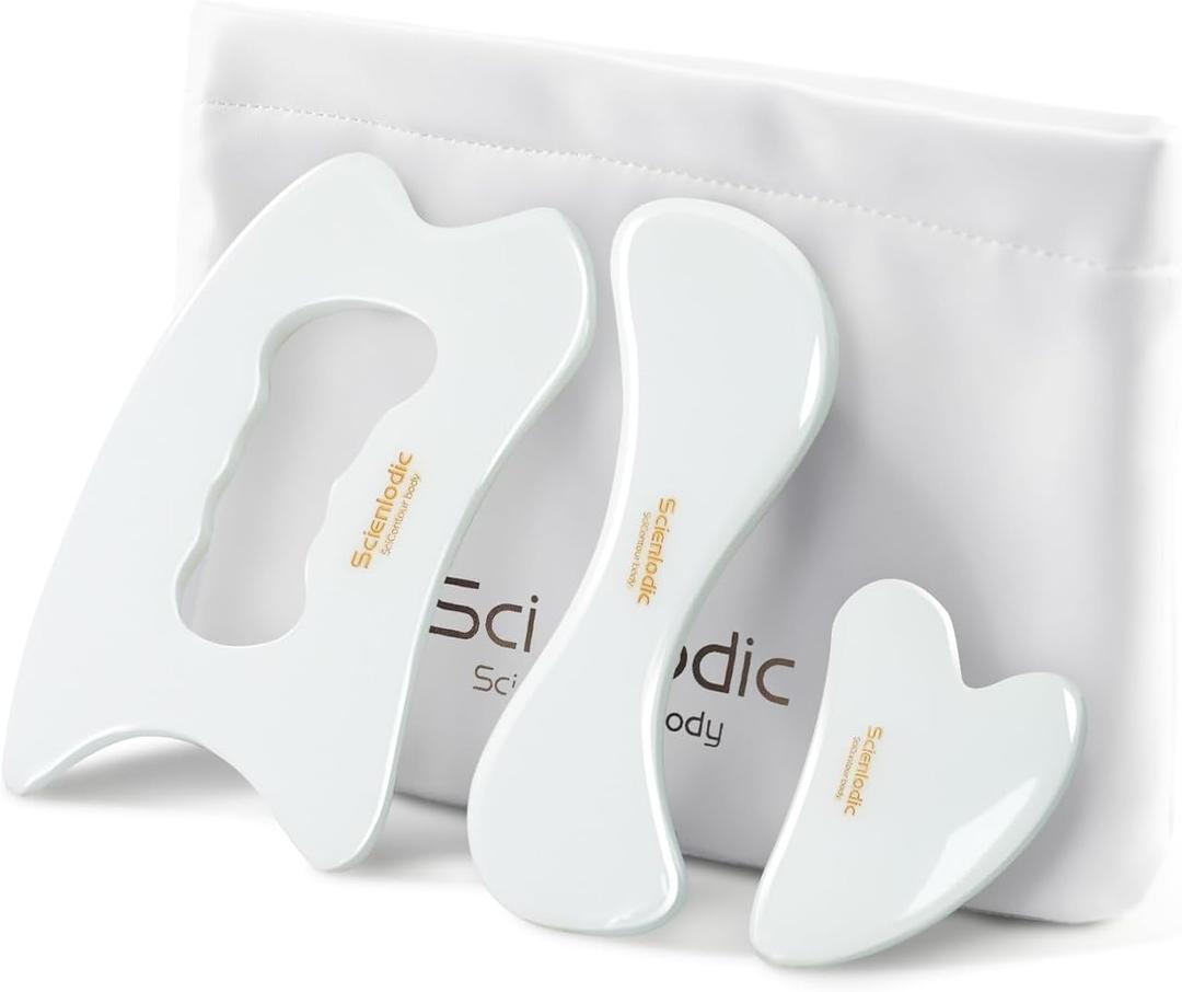 Scienlodic 3 Pcs Gua Sha Massage Tools for Face & Body (White, Resin) - Scraping Tools for Back, Legs & Muscle Relaxation, Guasha Facial Tool for Jawline Contouring & Puffiness Reduction