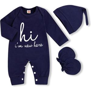 GRNSHTS Newborn Baby Boy Romper Coming Home Outfits Letter Print Bodysuit Jumpsuit+Hat+Gloves 3PCS Clothes Set (A-navy Blue)