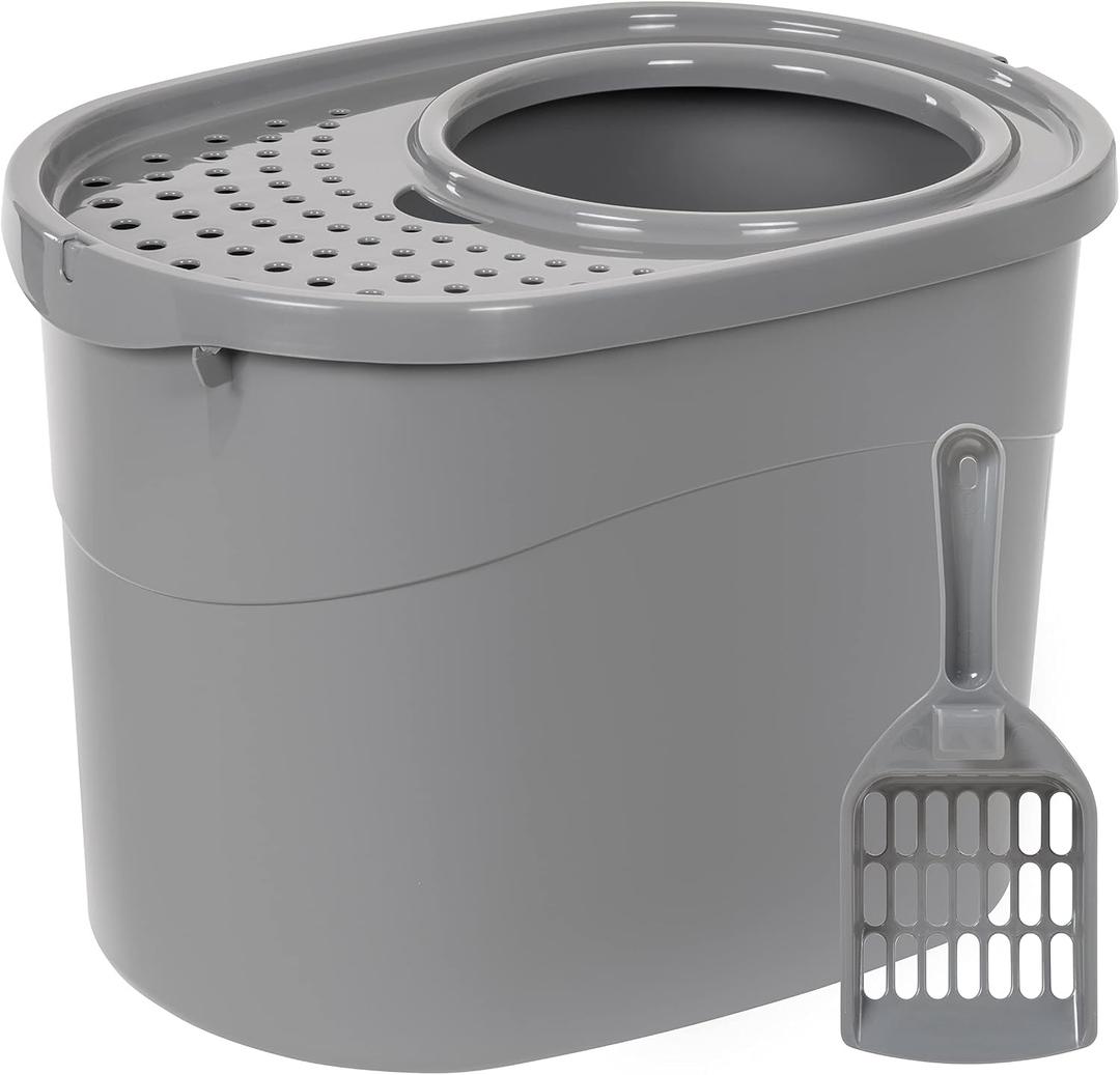 Amazon Basics Large Cat Litter Box with High Sides, Top Entry, Odor Control, Includes Scoop, 20.5 x 14.75 x 14.38 inches, Grey