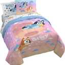 Jay Franco Bluey & Bingo Queen Comforter Set - 7 Piece Bedding Includes Sheet Set & Pillow Covers - Super Clouds & Stars Cozy Bedding
