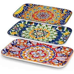 Vancasso Serving Platters Set of 3, 16"/14"/12" Inch Rectangular Trays - Serving Platter Extra Large, Ceramic Bohemian Serving Dish for Entertaining Food, Microwave & Dishwasher Safe, Colorful