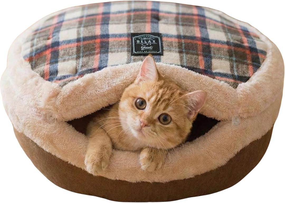 Cat Bed Cave Enclosed Self Warming Hideaway with Detachable Lid & Mat, Covered House for Indoor Kitten & Kitty (Brown)