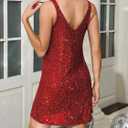 Trancylight Women's Glitter Sequin Dress Spaghetti Strap V Neck Party Cocktail Sparkly Mini Dress Clubwear (Red, L)