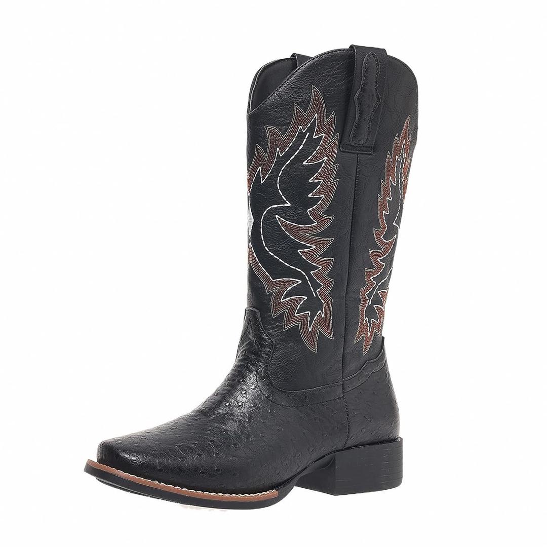 Cowboy Boots for Women Cowgirl Western Mid Calf Square Toe Embroidered Low Heel Fashion Country Boots, black, 10