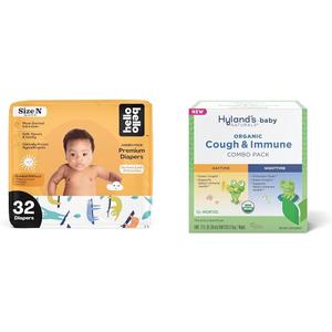 Hello Bello Premium Baby Diapers Size Newborn, 32 Count of Disposable Comfort Fit Diapers - Design: Sleepy Sloth + Hyland's Baby - Organic Cough & Immune Day & Night Combo Pack (4 fl oz)