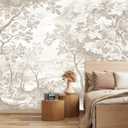 Vintage Beige Forest Woodland Mural Wallpaper for Bedroom Living Room (Not Peel n' Stick) 21.6"
