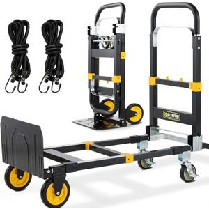 New 3-in-1 Convertible Hand Truck Dolly 500lb, Folding Hand Dolly Heavy Duty with Rubber Brake-Wheels, Anti-Slip Strip and 2 Elastic Ropes