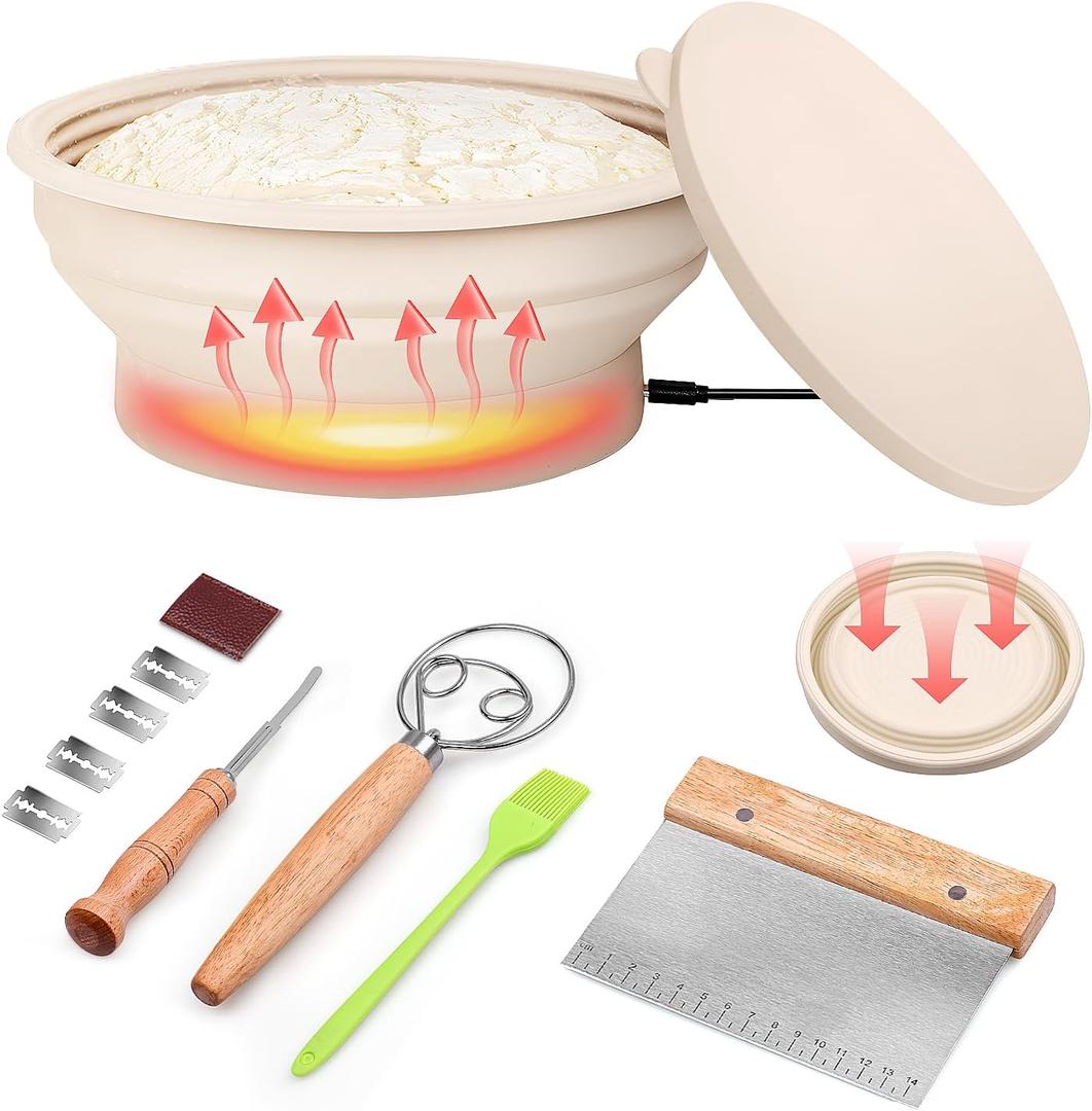 Sourdough Starter Kit, Sourdough Bread Baking Supplies, Sourdough Starter Warmer, Bread Making Kit includes a Heated Bread Proofing Basket, Dough Whisk, Dough Scraper, and Silicone Brush