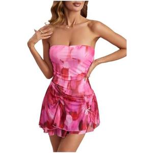 WDIRARA Women's Mesh Strapless Mini Dress Tie Dye Asymmetrical Layered Ruffle Tube Dresses, Medium 