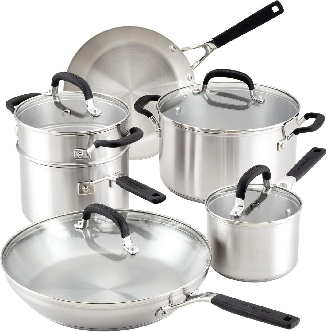 KitchenAid Stainless Steel Cookware Induction Pots and Pans Set, 10-Piece, Brushed Stainless Steel