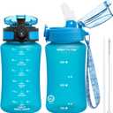 OLDLEY Kids Water Bottle for School, 12 oz (2 lids) BPA-Free Reusable Leak-proof Durable Tritan Plastic Water Bottles with Straw & Chug Lids, Anti-dust Spout Cover (Blue)