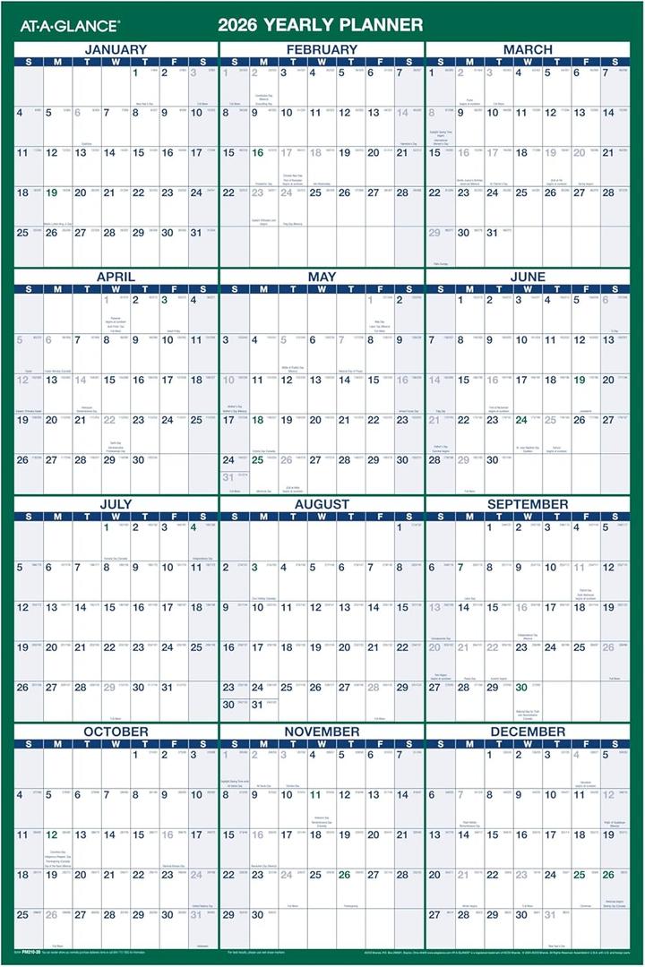 AT-A-GLANCE 2026 Erasable Calendar, Dry Erase Wall Planner, 24" x 36", Large, Vertical, Reversible (PM2102826)