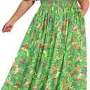 RITERA Plus Size Dresses for Curvy Women Square Neck Short Sleeve Summer Floral Smocked Maxi Dress with Pocket XL-5XL (Green, XXL)