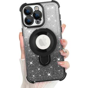 KANGHAR for iPhone 16 Plus Case, Support for MagSafe [Four Corner Cushion Series] Kickstand Electroplate Edge Shockproof Durable Full Body Protection for Girls Women -Black