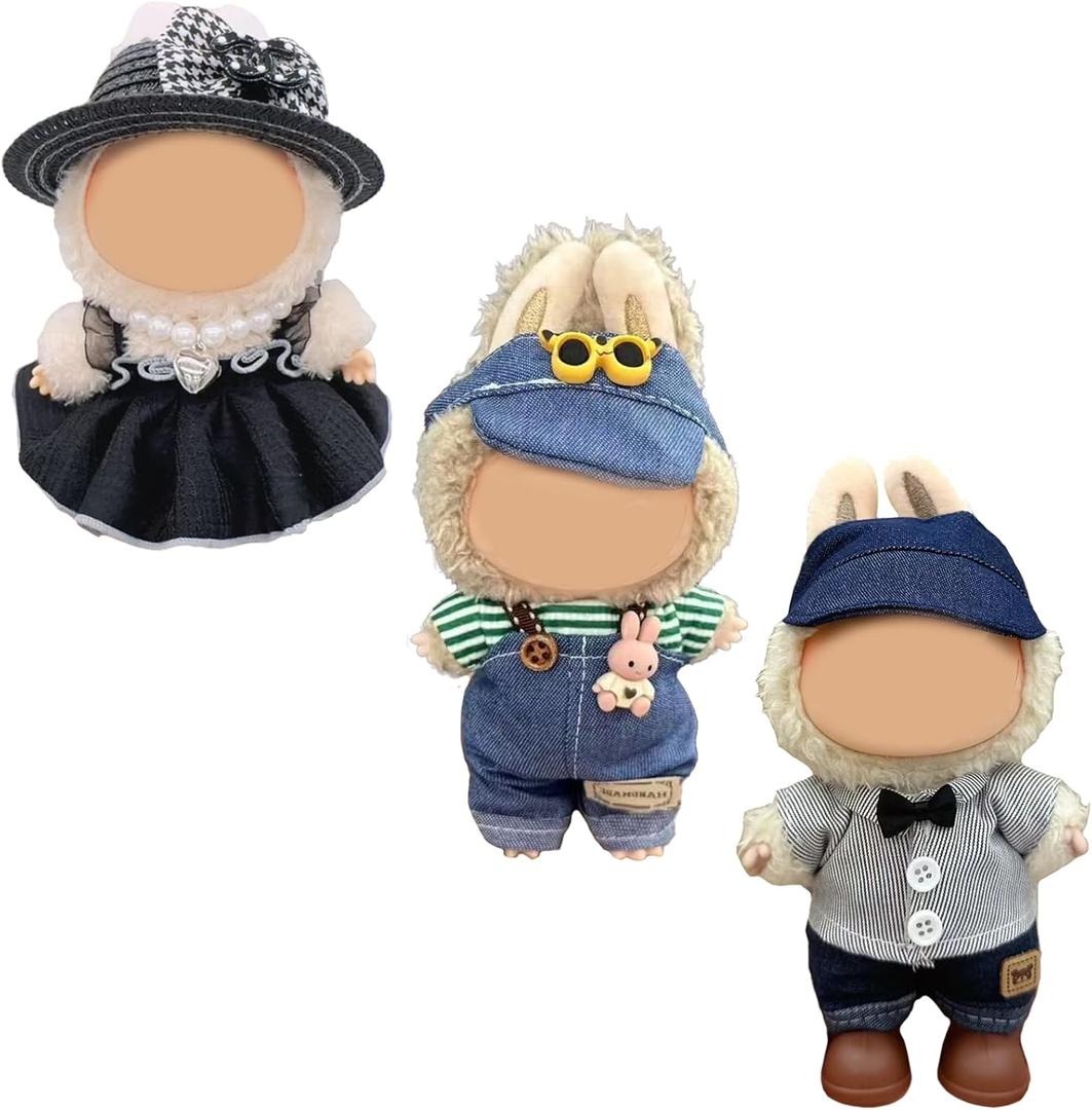 Clothes for 17cm LABUBU Doll (No Doll)- 3 Sets Premium Handmade Adjustable Kawaii Outfits for 17cm Labubu Collectibles Stylish Fashion for Play Display Holidays