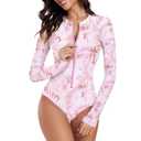 Century Star Swimsuits for Teen Girls Long Sleeve Swimsuits for Women Bathing Suit Rash Guard 2025 One Piece Surfing Modest Full Coverage Cute Athletic High Neck Swimwear Pink Leaves 0-2, XS