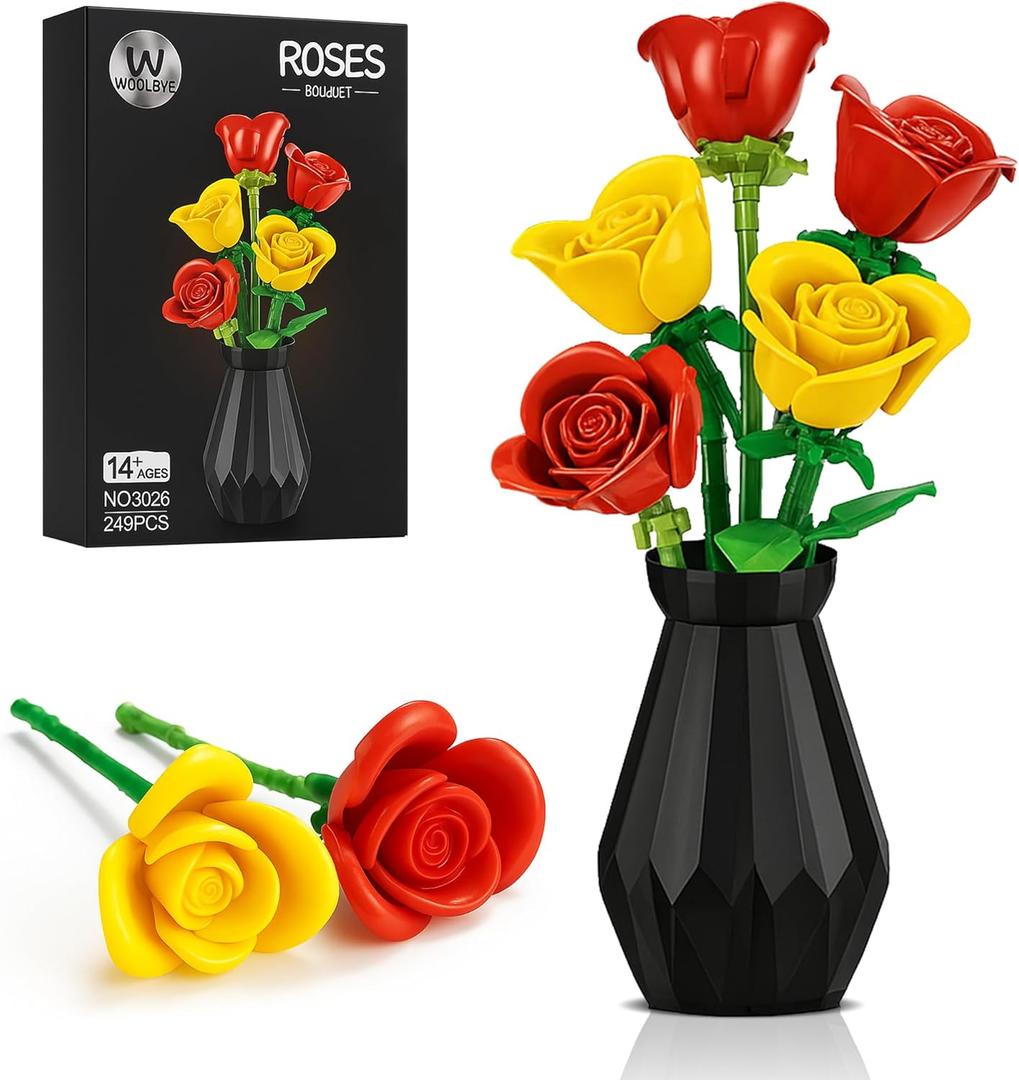 Flower Building Set Compatible with Lego Flowers for Adults, Roses Flower Bouquet botanicals Collection Unique Home Décor or Office Décor Great Gift for Her and Him (VASE Included) (Flowers Roses)