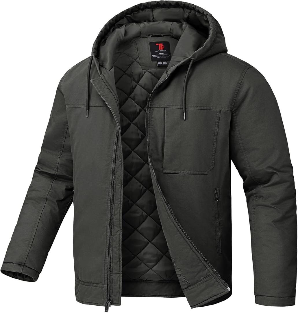 TBMPOY Men's Winter Work Jackets Hooded Quilted Lined Workwear Utility 4 Pockets Cotton warm Active Coats (Large, Deep Gray)