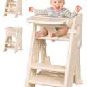 VBABY High Chairs for Babies and Toddlers, 3 in 1 Foldable Highchair with Adjustable Tray, Convertible High Chairs to Toddler Tower, Portable Baby Highchairs, Beige