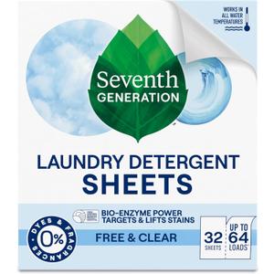 Seventh Generation Laundry Detergent Sheets 32ct Free & Clear Removes Tough Stains Safer for your family (32 Count (Pack of 1))
