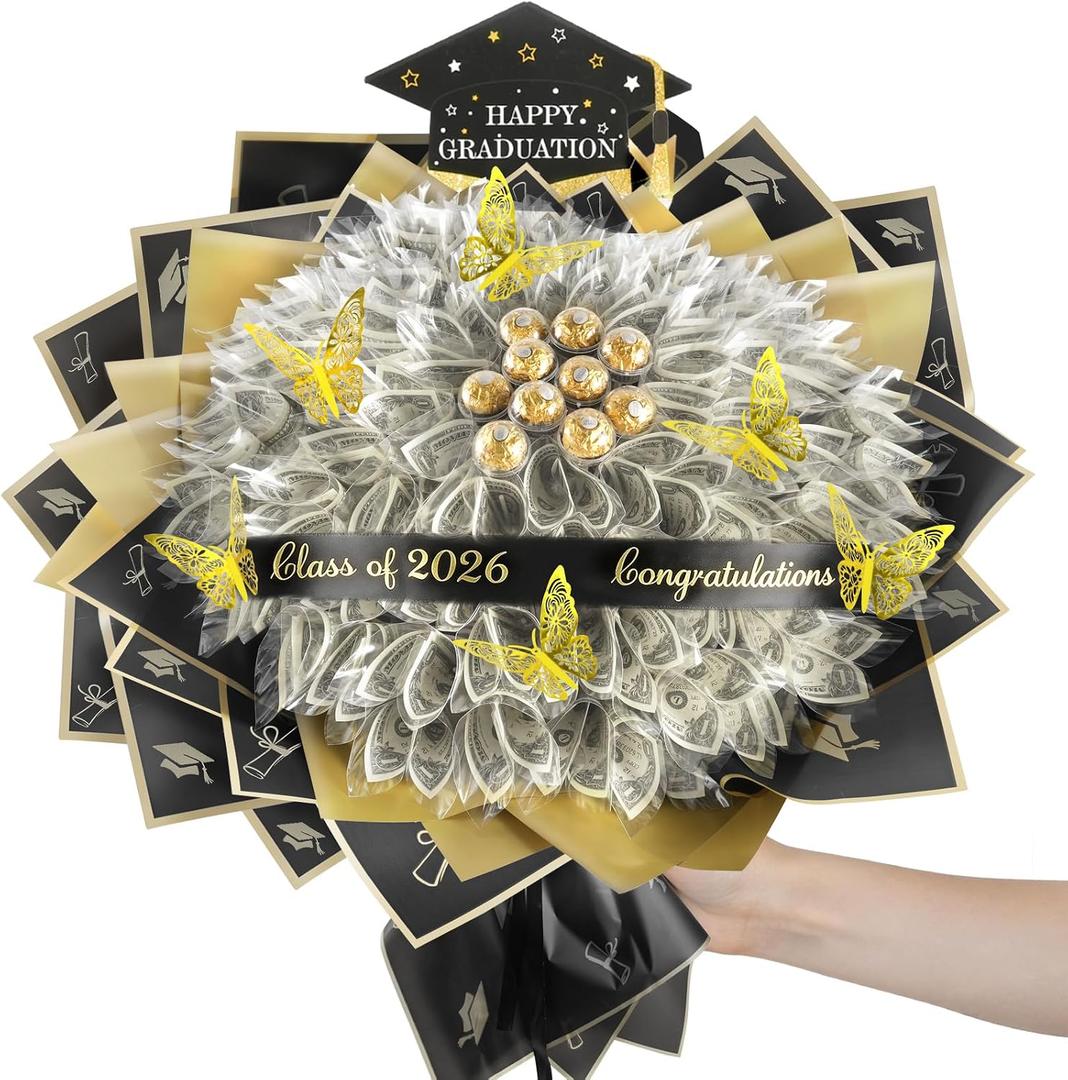 GRADESIN Class of 2026 Graduation Gift, Graduation DIY Money Bouquet with Butterflies Floral Wrapping Papper, Flower Bouquet Kit for Middle High School College DIY Grad Gift (Black Gold)