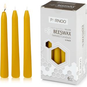 PARNOO 100% Natural Yellow Beeswax 7 Inch Tall Tapered Candles, 6 Hours Burn time - Pack of 12 (Dripless and Smokless)
