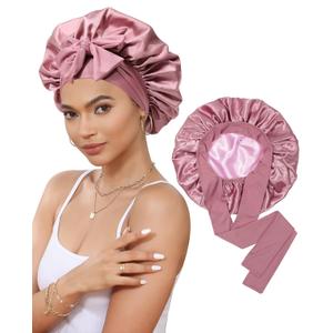 Satin Bonnet for Sleeping Cap Double Layer Hair Bonnet with Elastic Tie Band for Curly Hair Night Cap (Bean Paste + Pink) (One Size)