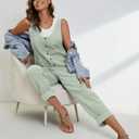 Yeokou Womens Overalls Linen Cotton Jumpsuits Loose Casual Jumpers with Pockets (Blue, L)