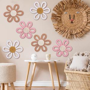 Zeyune 6 Pcs Boho Nursery Daisy Flower Wall Art Decor Woven Macrame Wall Pediments Boho Daisy Floral Nursery Art Decor for Home Bedroom Decorations(Classic Color,Yarn and Cotton Rope)