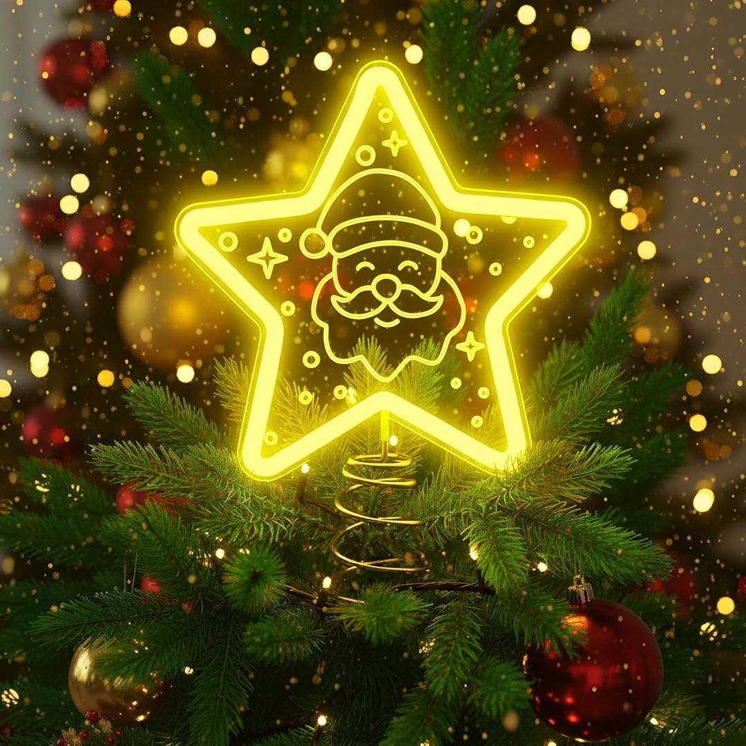 Christmas Star Tree Topper with LED Gold Light, Santa Claus Design, USB or Battery Operated, Christmas Tree Ornament for Indoor Office Xmas New Year Holiday Tree Decoration, 11 in