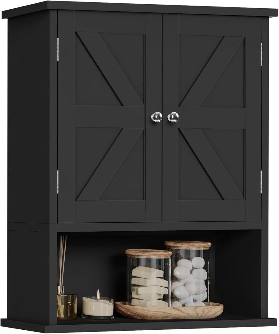TEENFON Bathroom Wall Cabinet, Over The Toilet Space Saver Storage Cabinet with Barn Doors & Adjustable Shelf, Hanging Medicine Cabinet, Black UNGGX003HV1