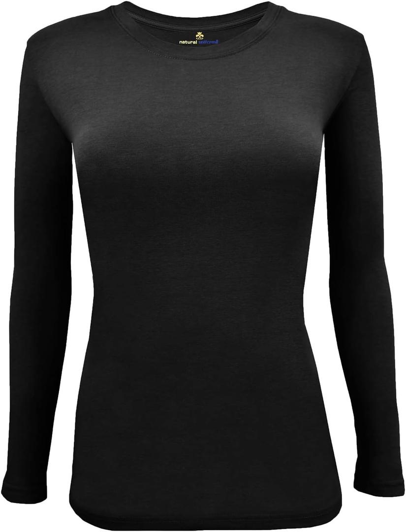 Natural Uniforms Women's Under Scrub Tee Crew Neck Long Sleeve T-Shirt (Medium, Black)